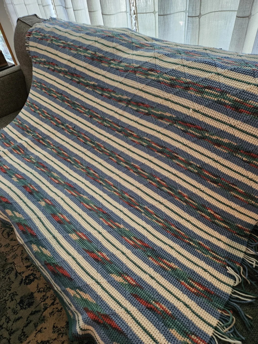 Woven Multicolor Fringe Throw Blanket – Blue & Cream